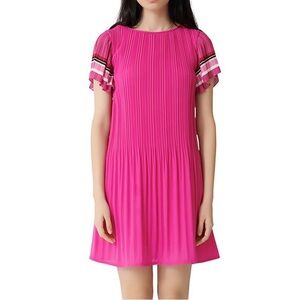 Maje Rolini Pleated Pink Striped Short Flare Sleeves Mini Dress Size 36 US Small